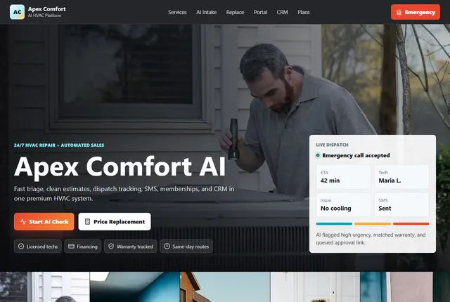 Apex Comfort AI website design demo, not a customer endorsement